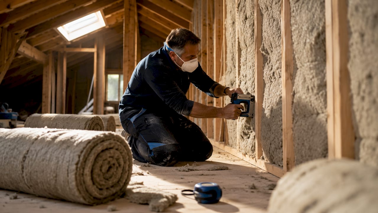 Contractor installing eco insulation in home wall frame