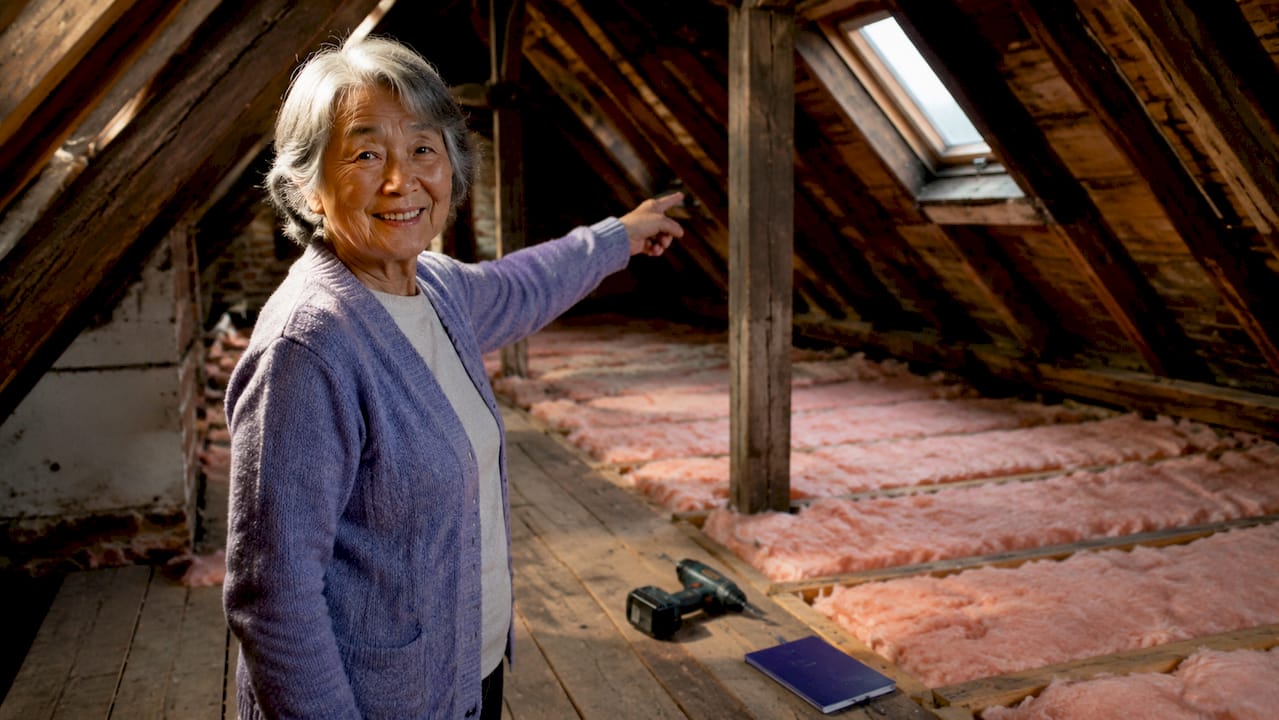 Property owner examining loft insulation in attic