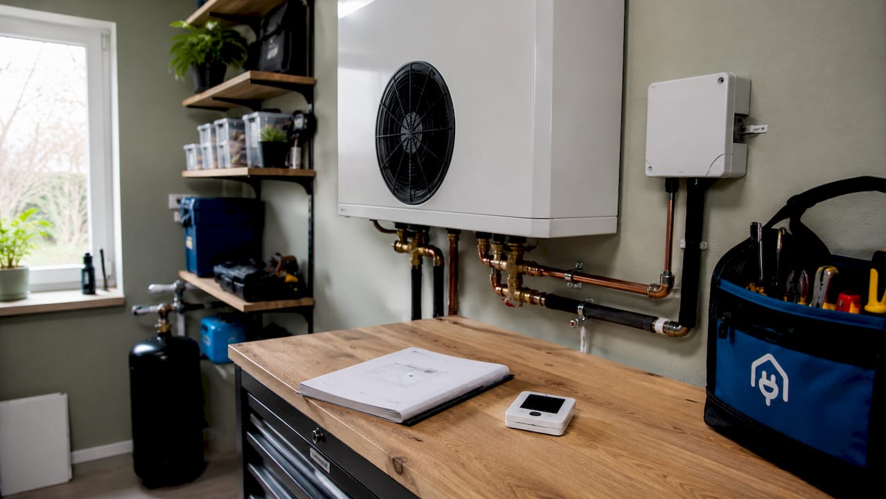Close-up of heat pump components indoors