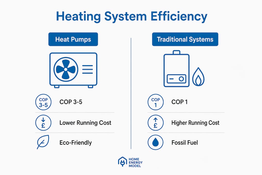 Infographic comparing heat pump efficiency versus traditional systems