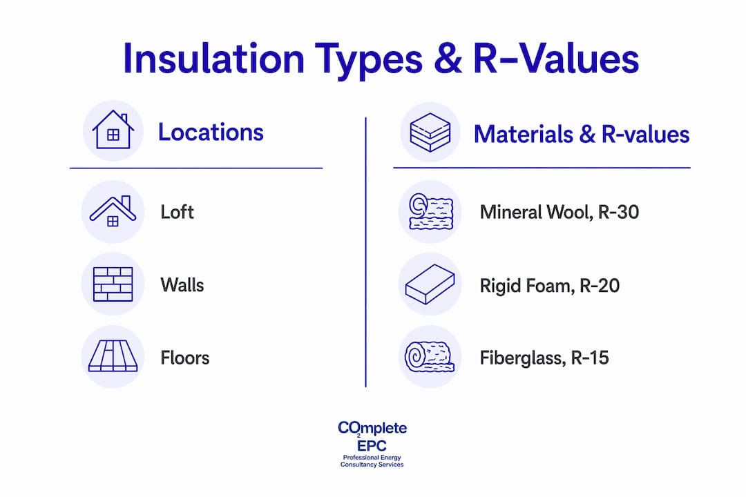Infographic comparing insulation types and R-values by location