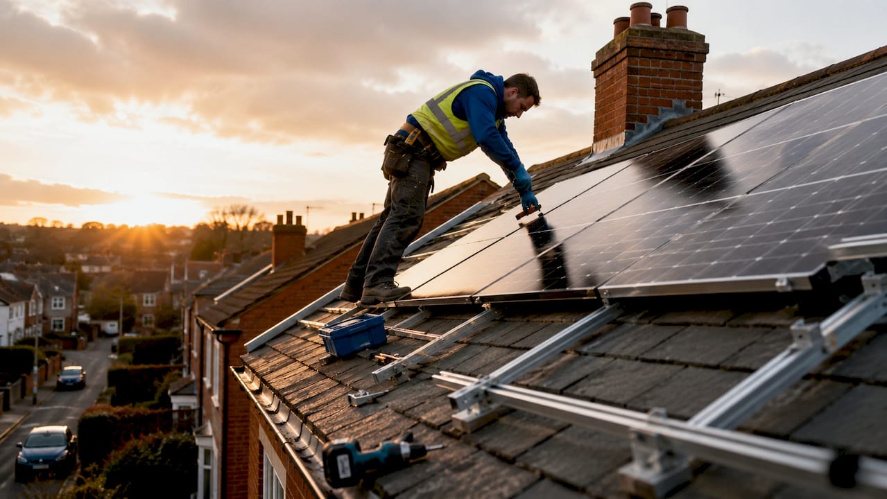 Hands installing solar panels on UK home roof