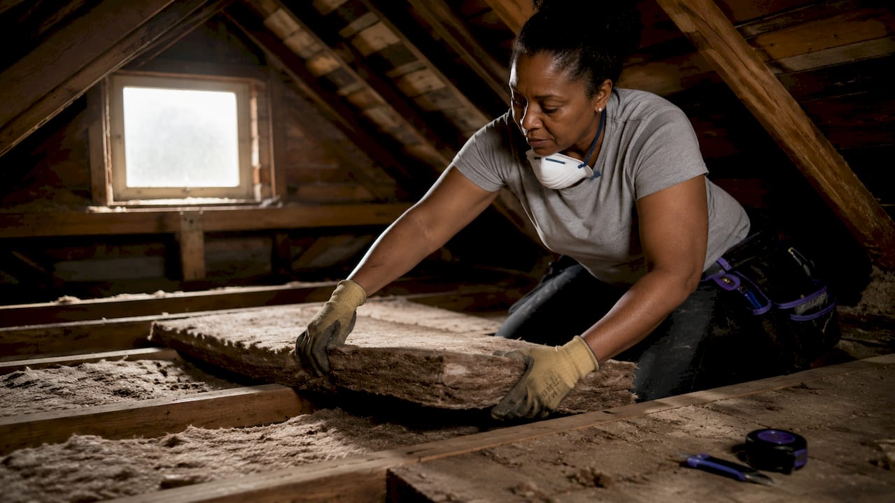 Contractor installing loft insulation in attic