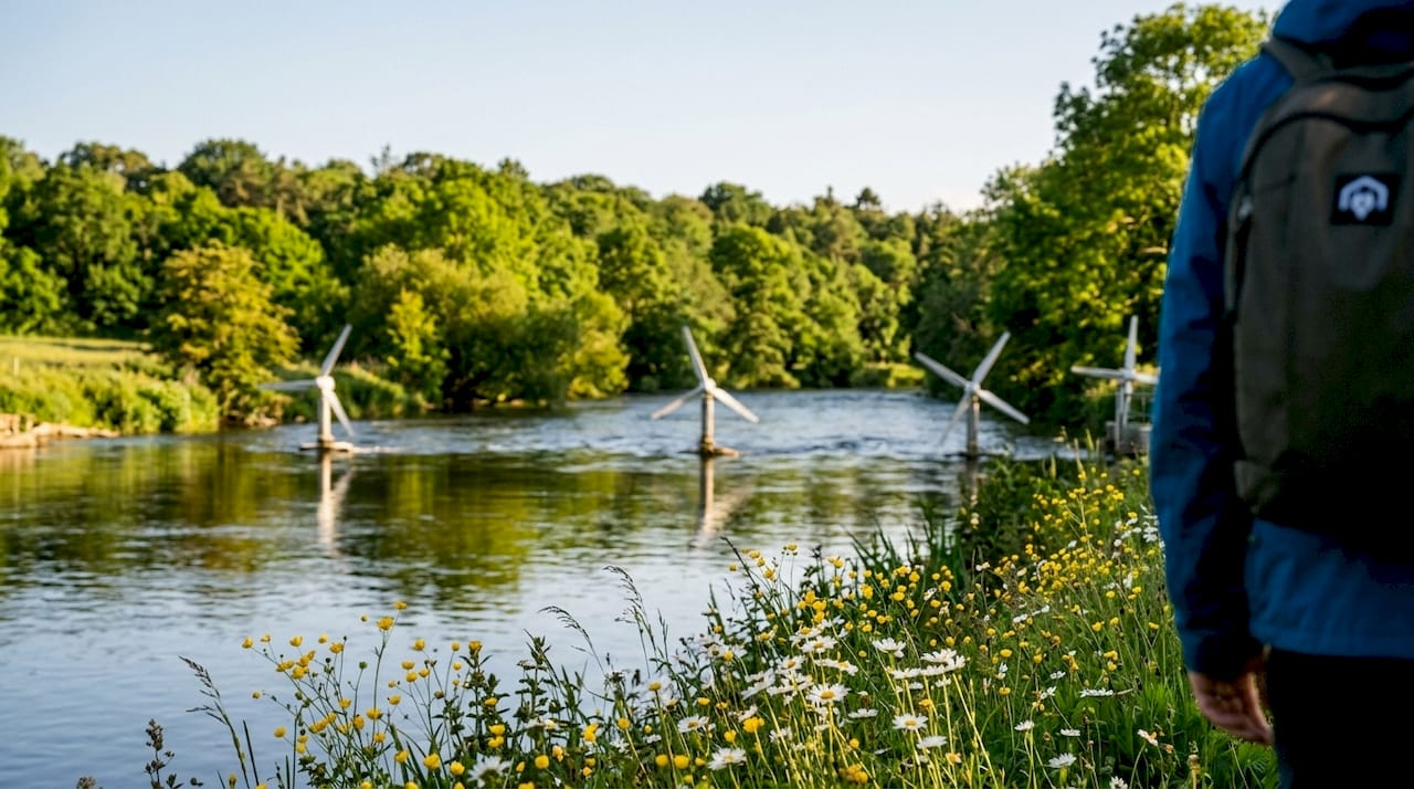 Hydropower turbines on UK river in countryside
