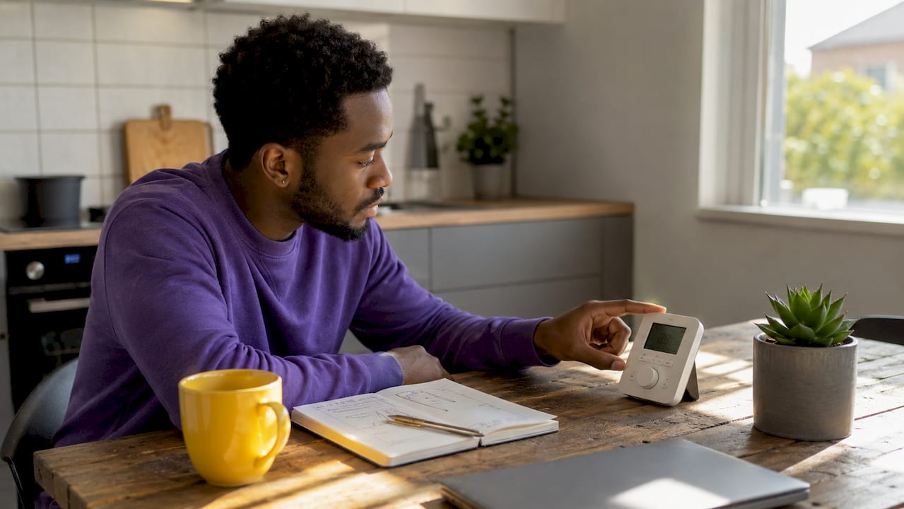 Man setting heating timer in London kitchen