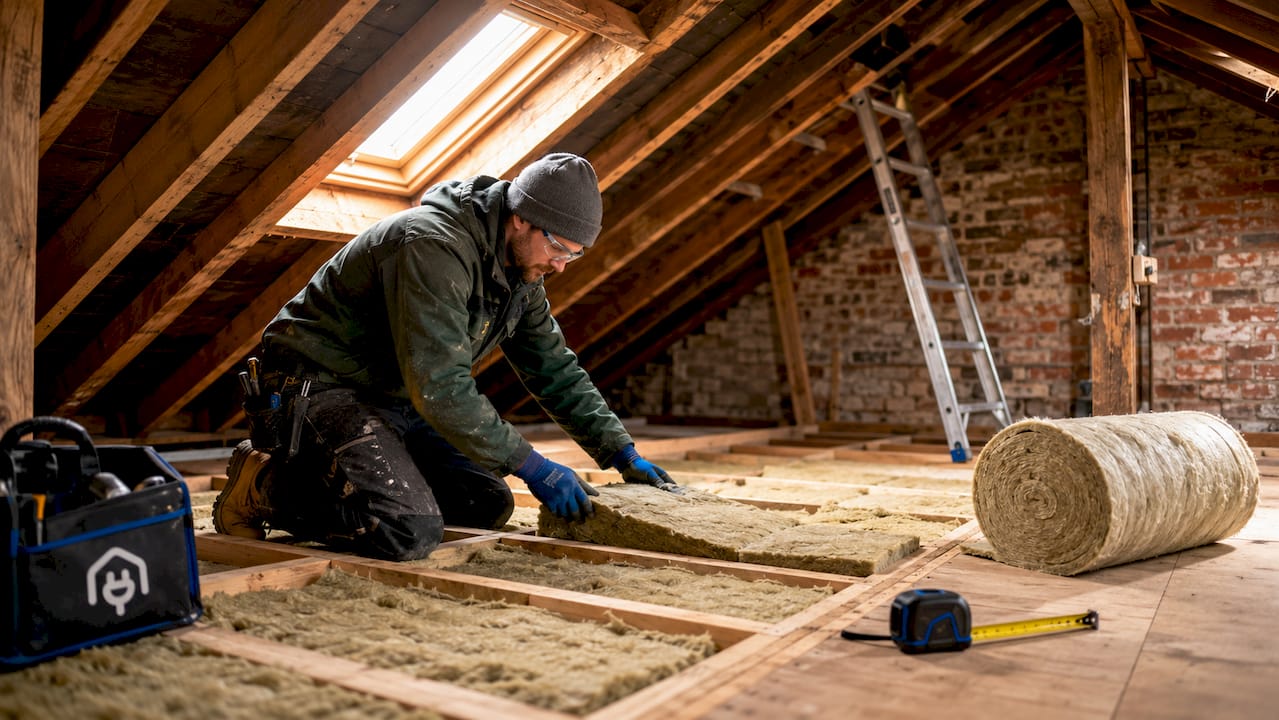 Tradesperson installing loft mineral wool insulation in attic