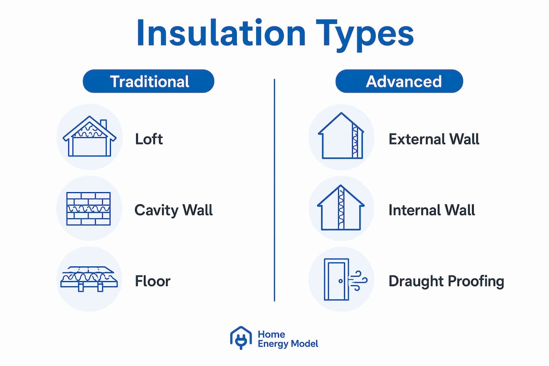 Infographic comparing traditional and advanced insulation types in UK homes