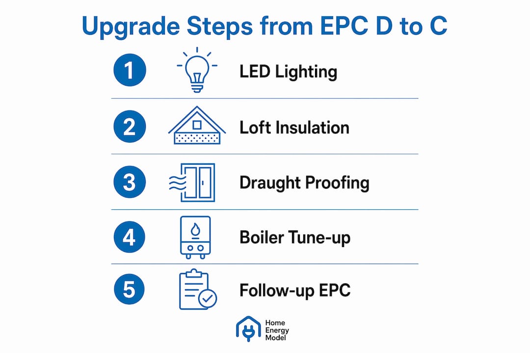 Infographic illustrating steps to upgrade EPC rating from D to C