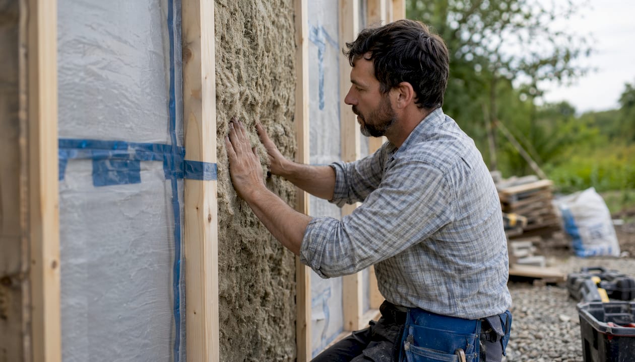 Hands installing insulation in timber frame wall