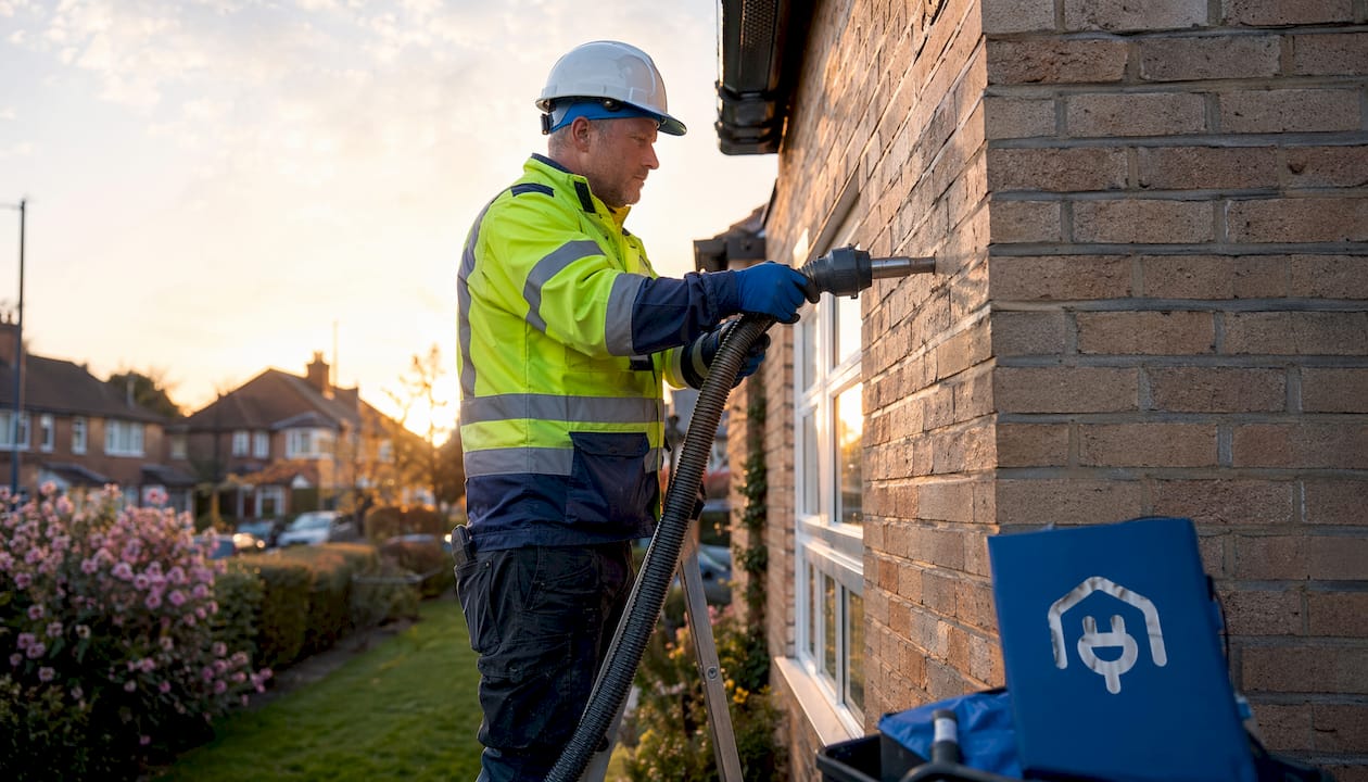 Installer fitting cavity wall insulation outdoors