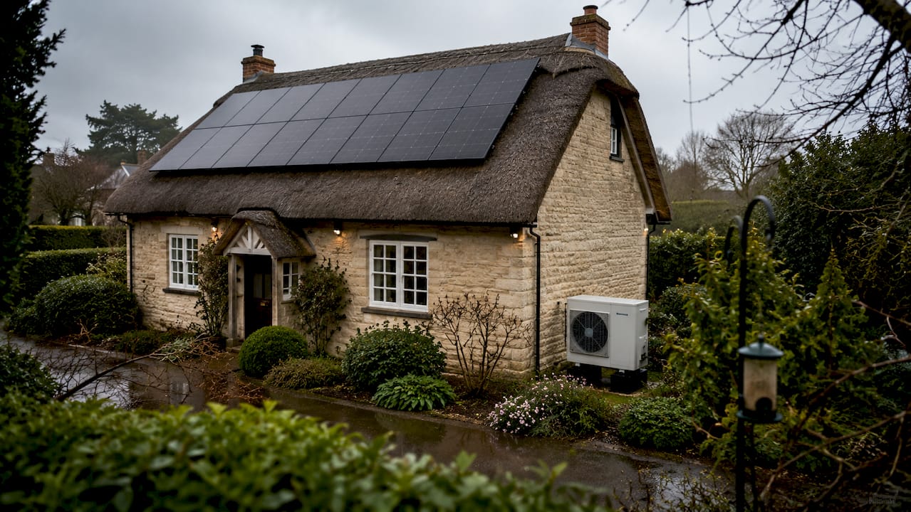 UK home with solar panels and heat pump outside