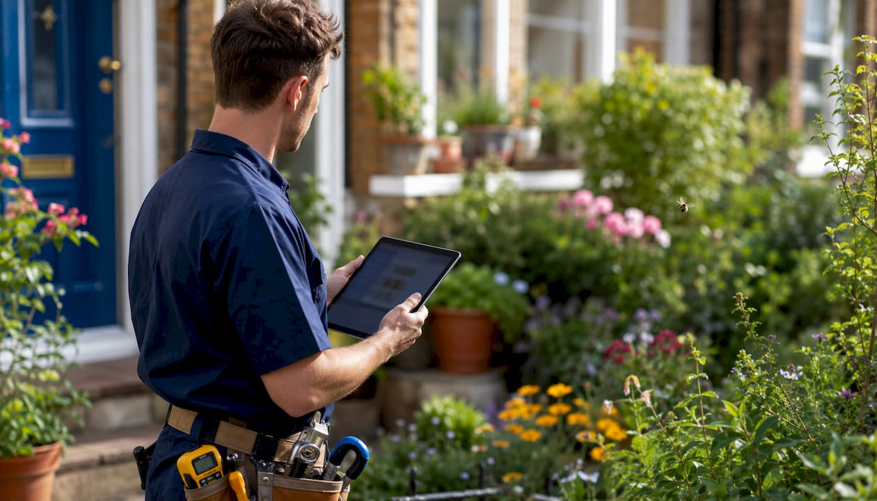 Energy assessor inspecting UK home exterior