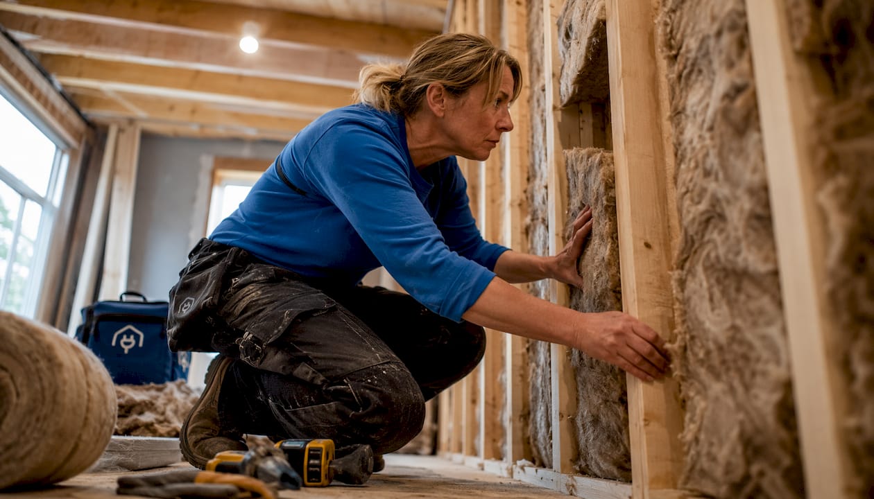 Hands installing insulation in wall cavity