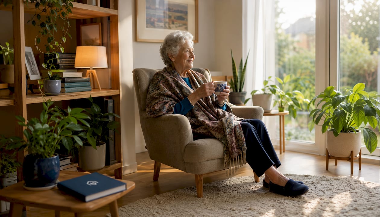 Elderly woman enjoying comfortable insulated living room