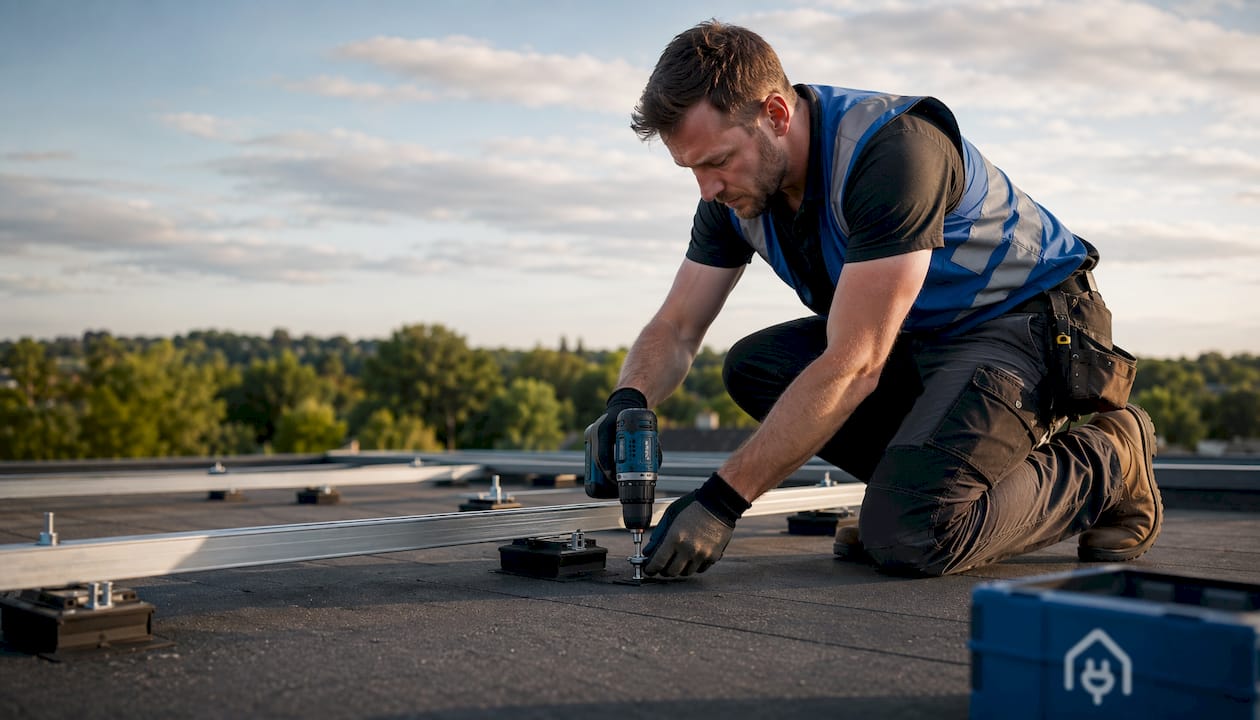 Installer fixing solar panels on UK roof