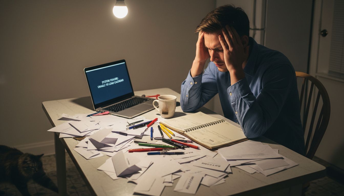 Frustrated DIY event planner at cluttered kitchen table