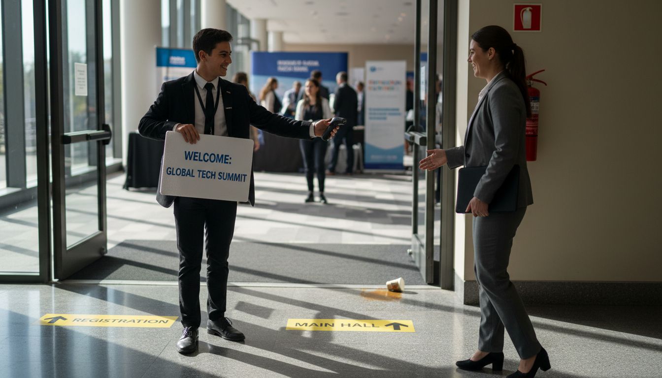 Usher welcoming guest at event entrance