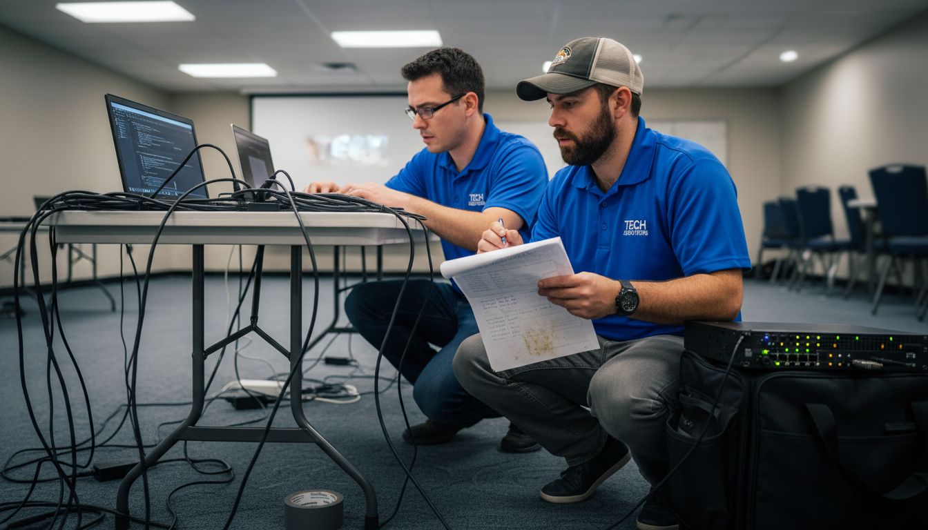 Technicians preparing event technical setup