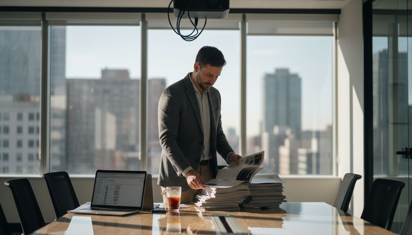 Reviewing vendor brochures in glass office