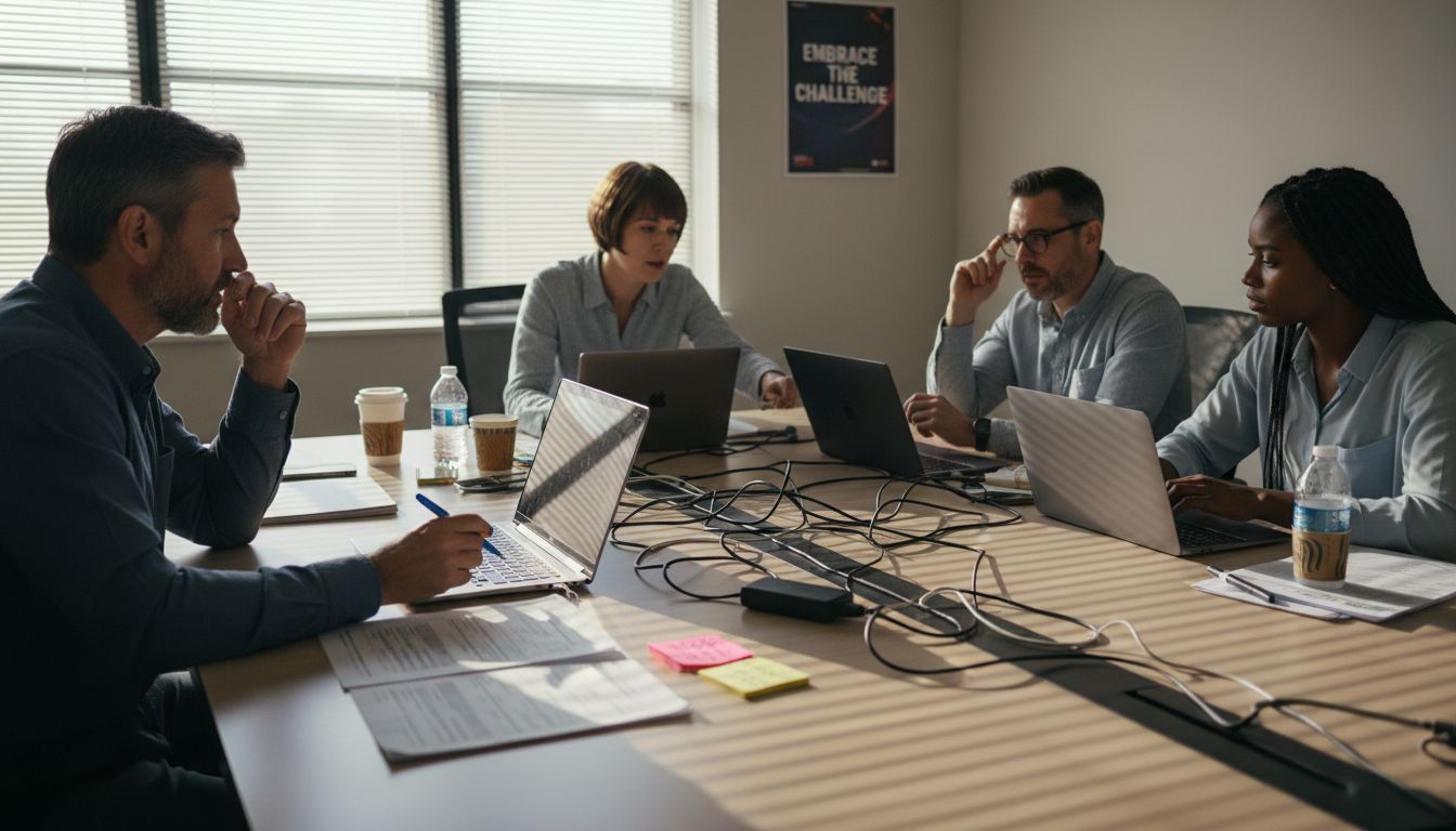 Team in strategy discussion around cluttered table