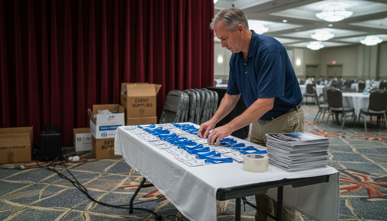 Man preparing name tags at event entrance