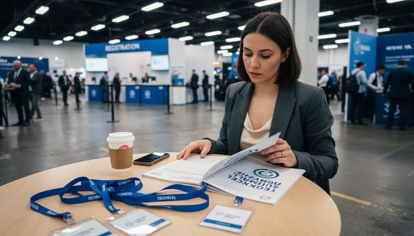 Businesswoman examines company event branding materials