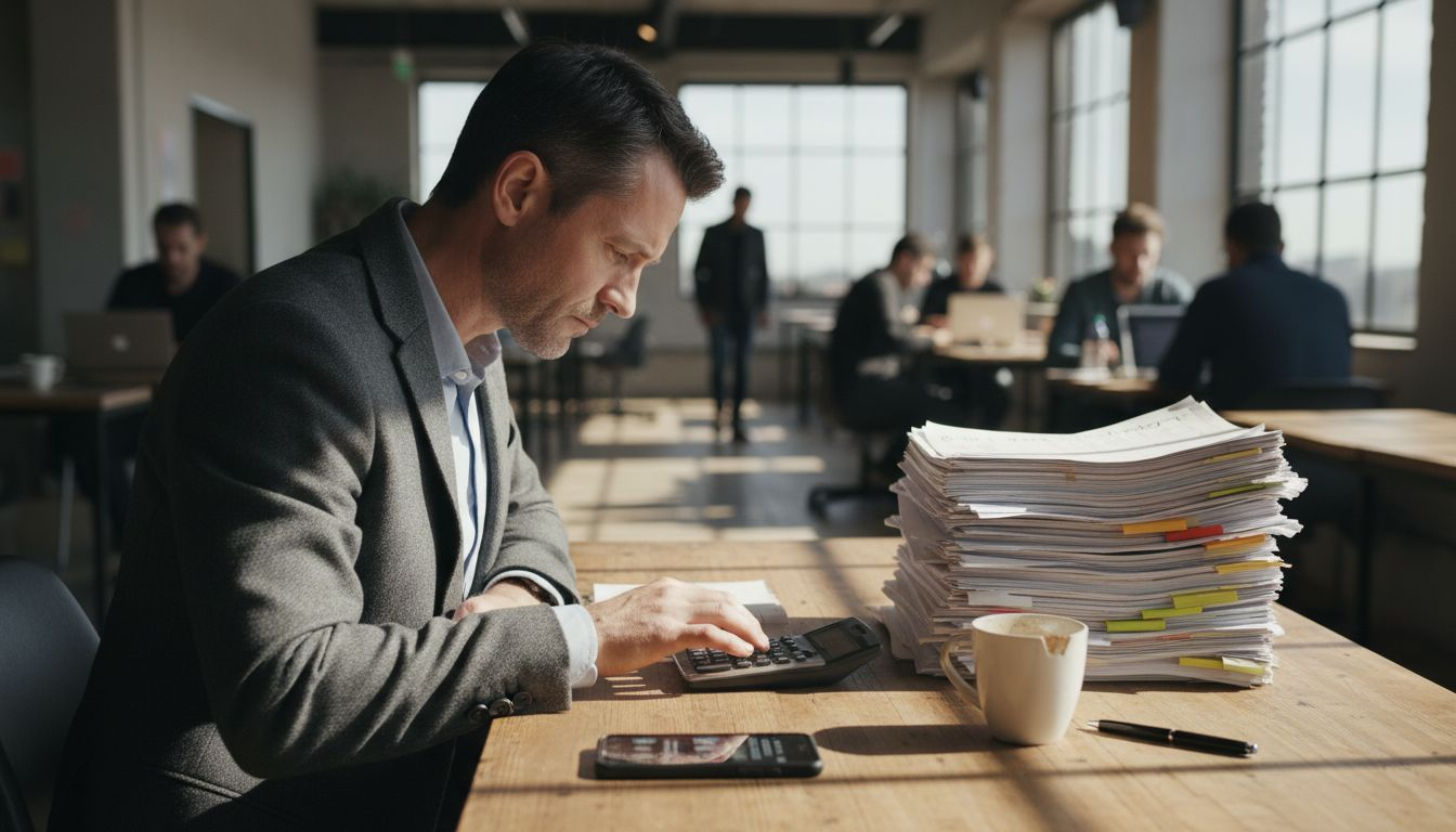 Man calculating messy event budget at desk