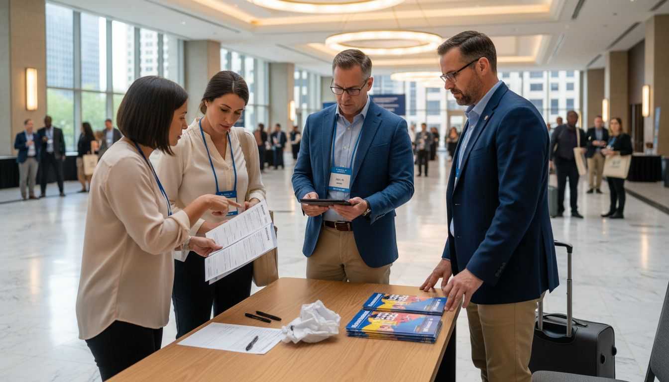 Networking by registration table at conference