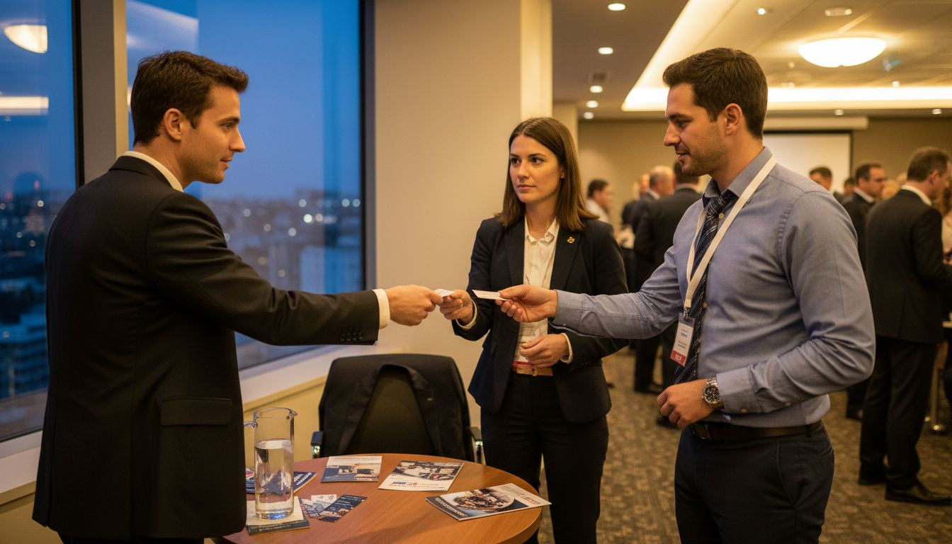 Business professionals exchanging cards networking