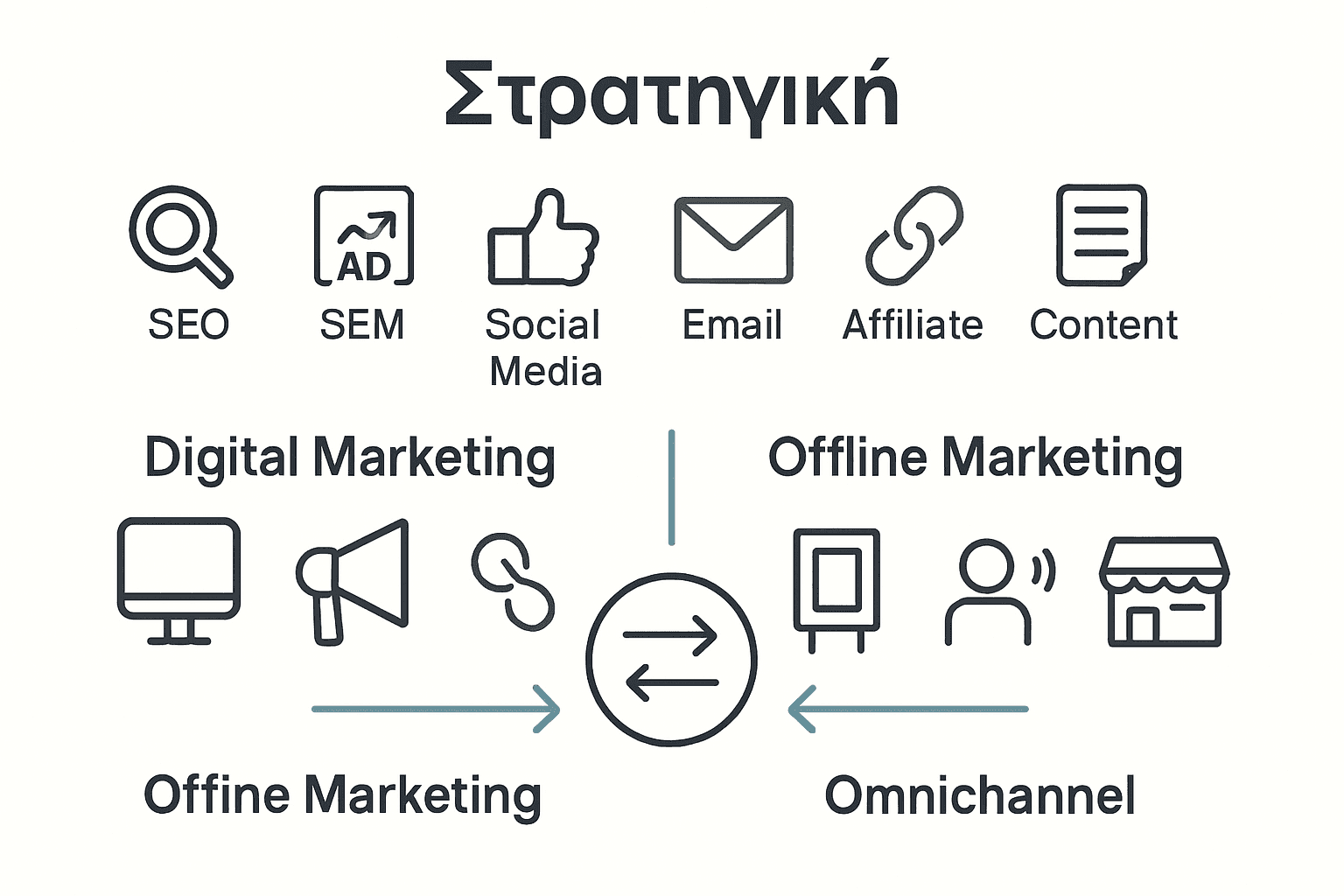 Comparison infographic showing digital and offline marketing channels and their connection