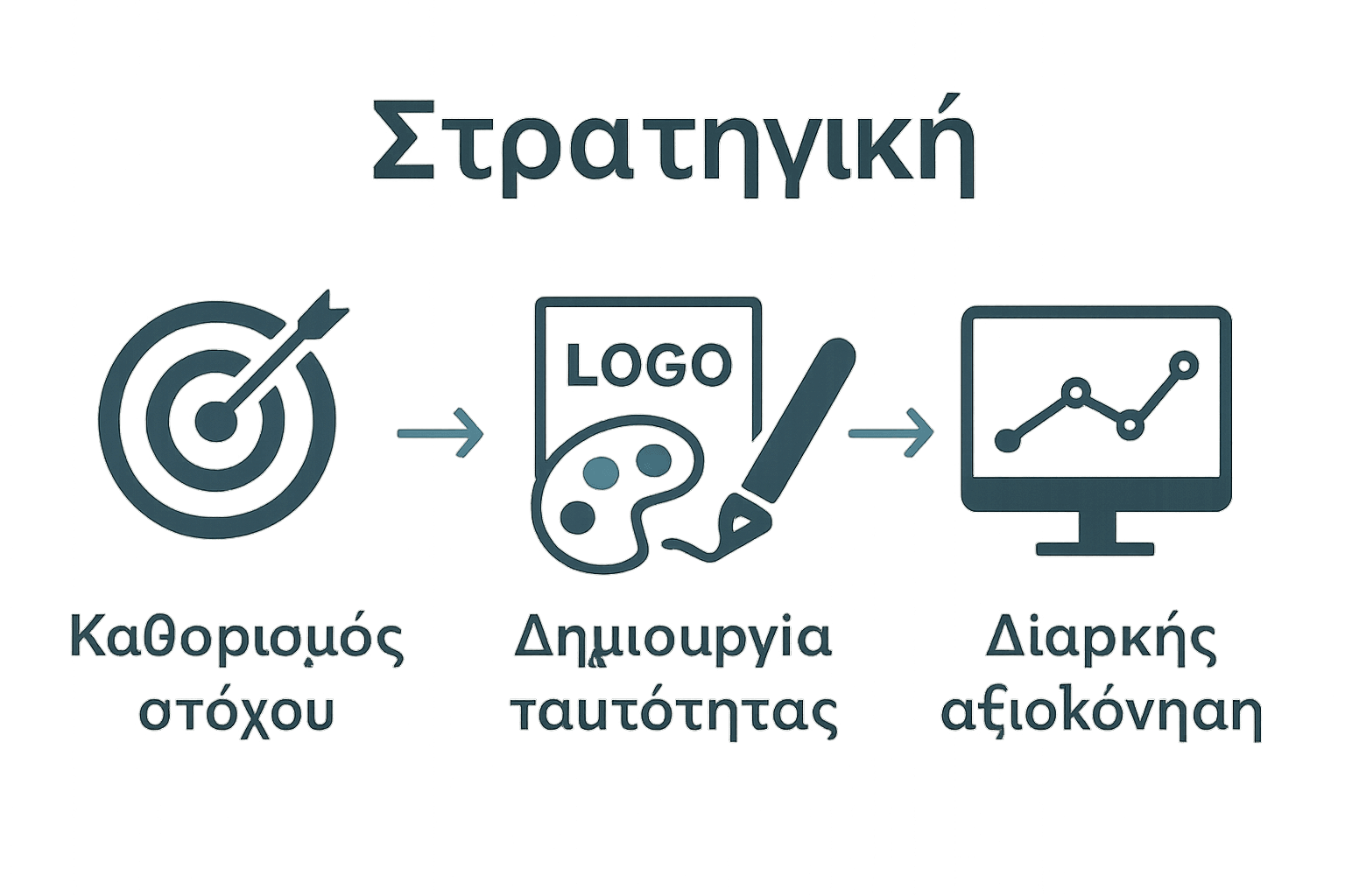 Διάγραμμα με τα βασικά στάδια της brand strategy: στόχος, ταυτότητα, αξιολόγηση.