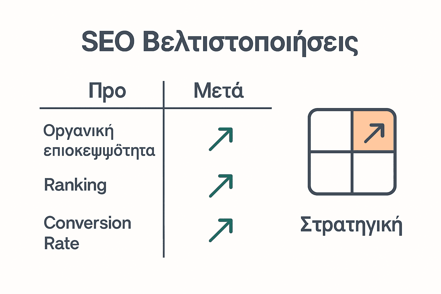 Σύγκριση βασικών KPIs SEO πριν και μετά τη βελτιστοποίηση