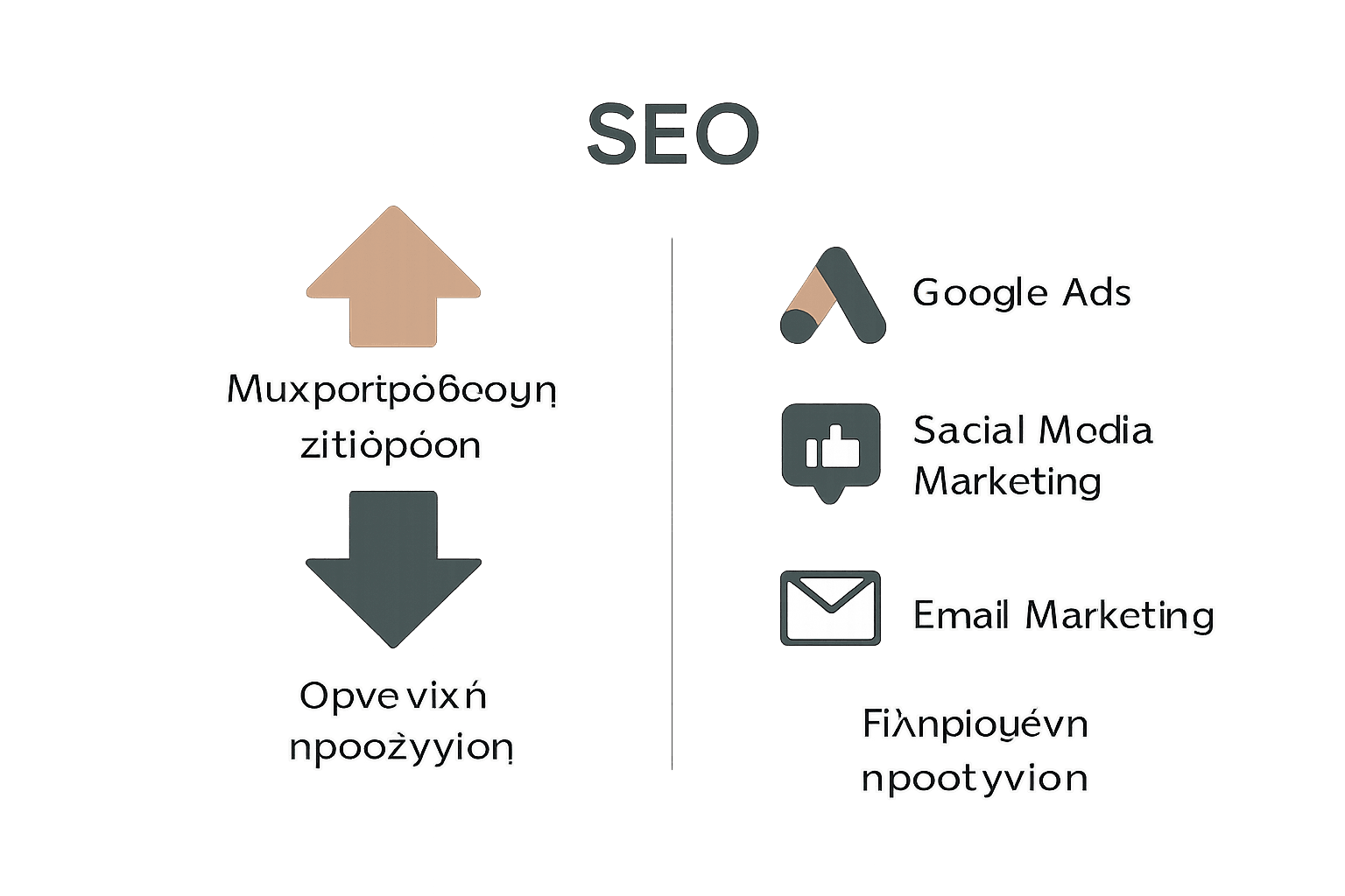 Σύγκριση SEO με Google Ads, κοινωνικά δίκτυα και email marketing.