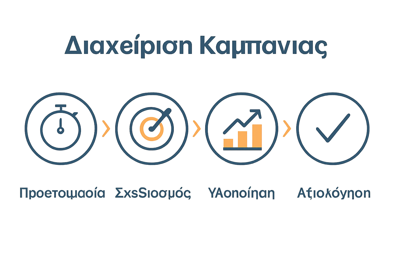Διαδικασία campaign management σε τέσσερα στάδια με εικονίδια και βέλη