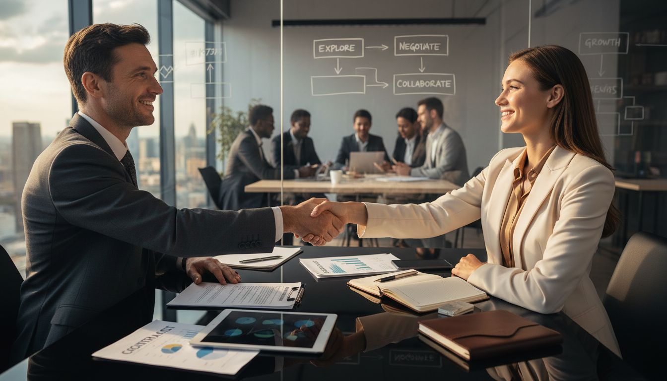Professionals shaking hands over business strategy