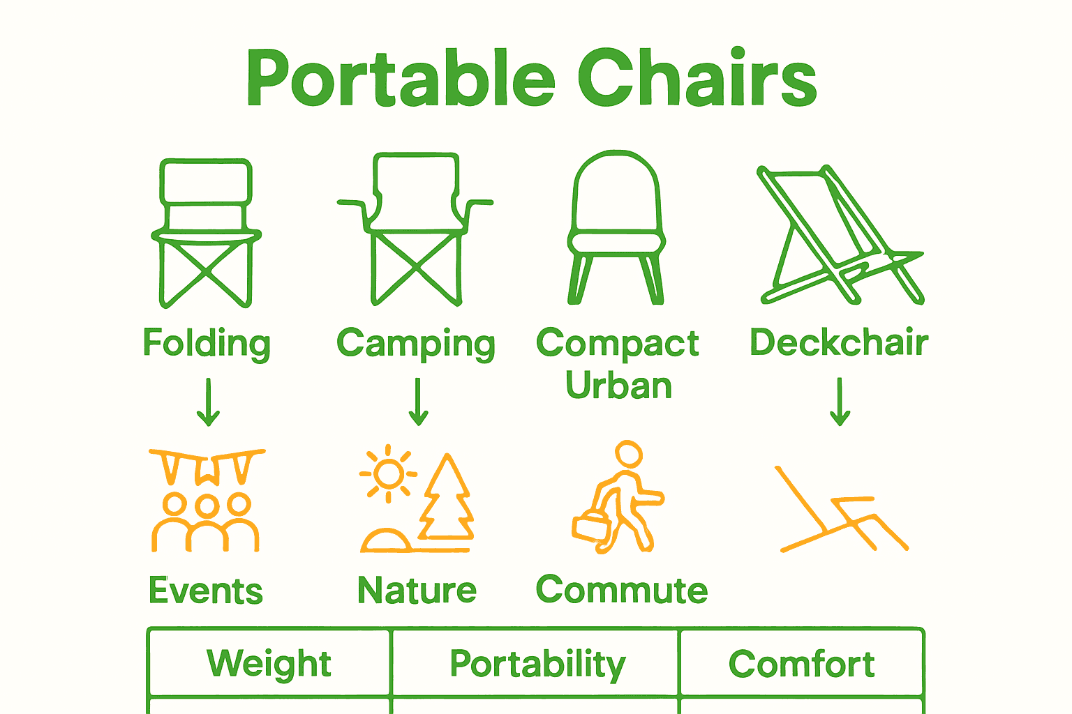 Infographic comparing four major types of portable chairs by features and typical use case.
