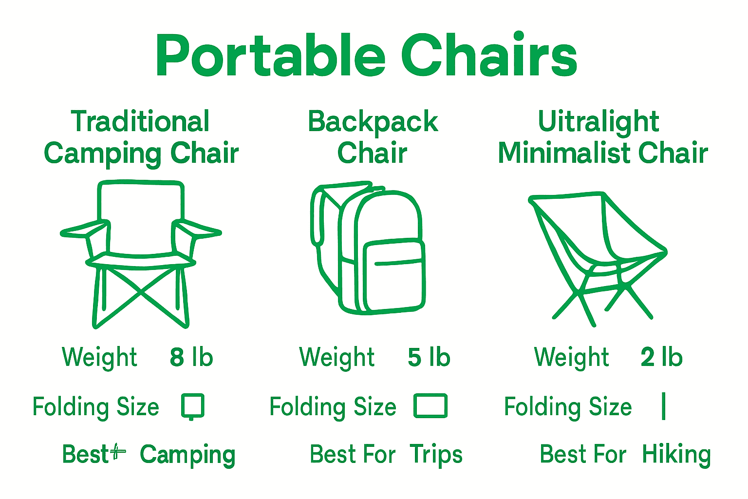Comparison of three portable chair types with features.