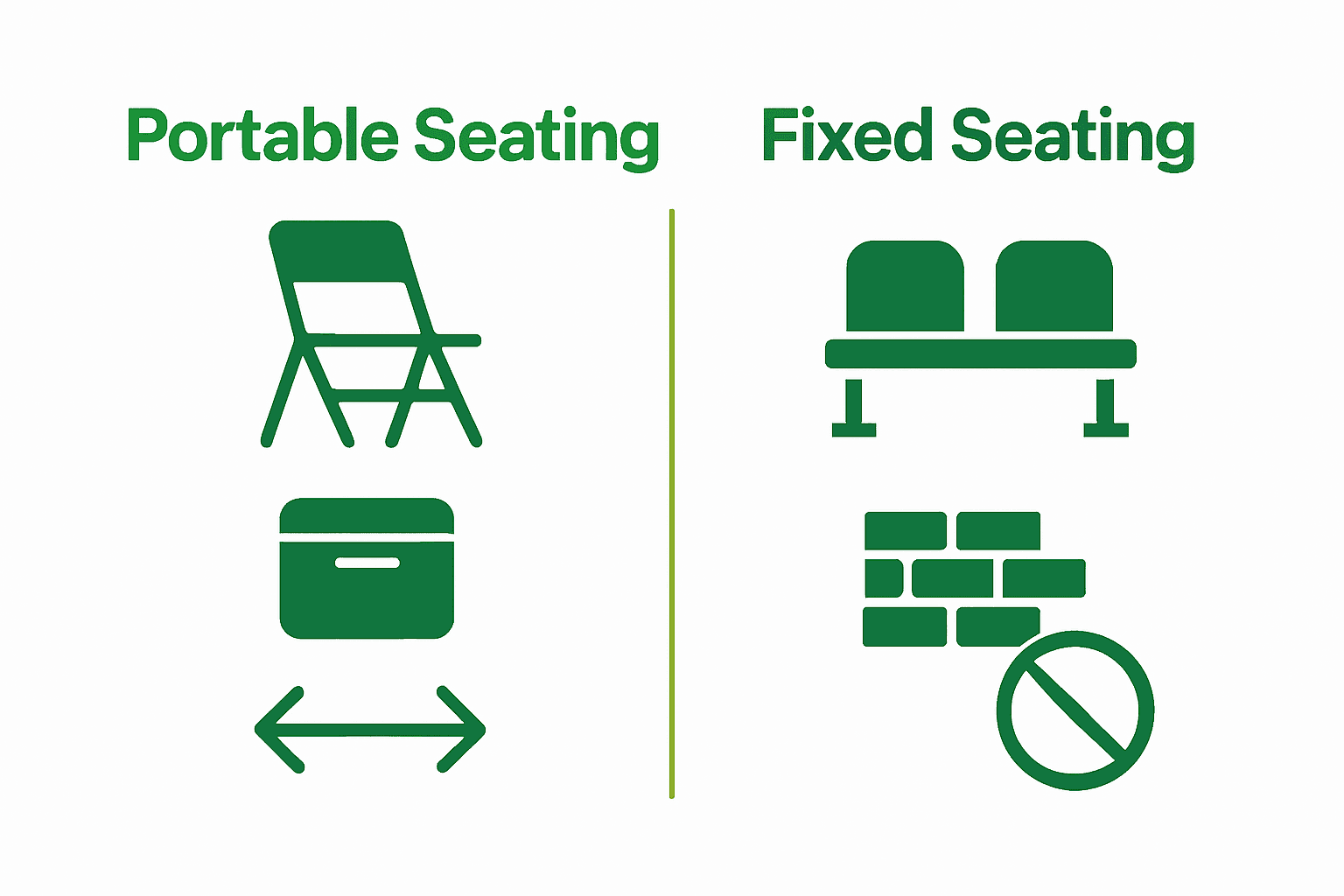 Infographic comparing portable seating and fixed seating features and benefits.