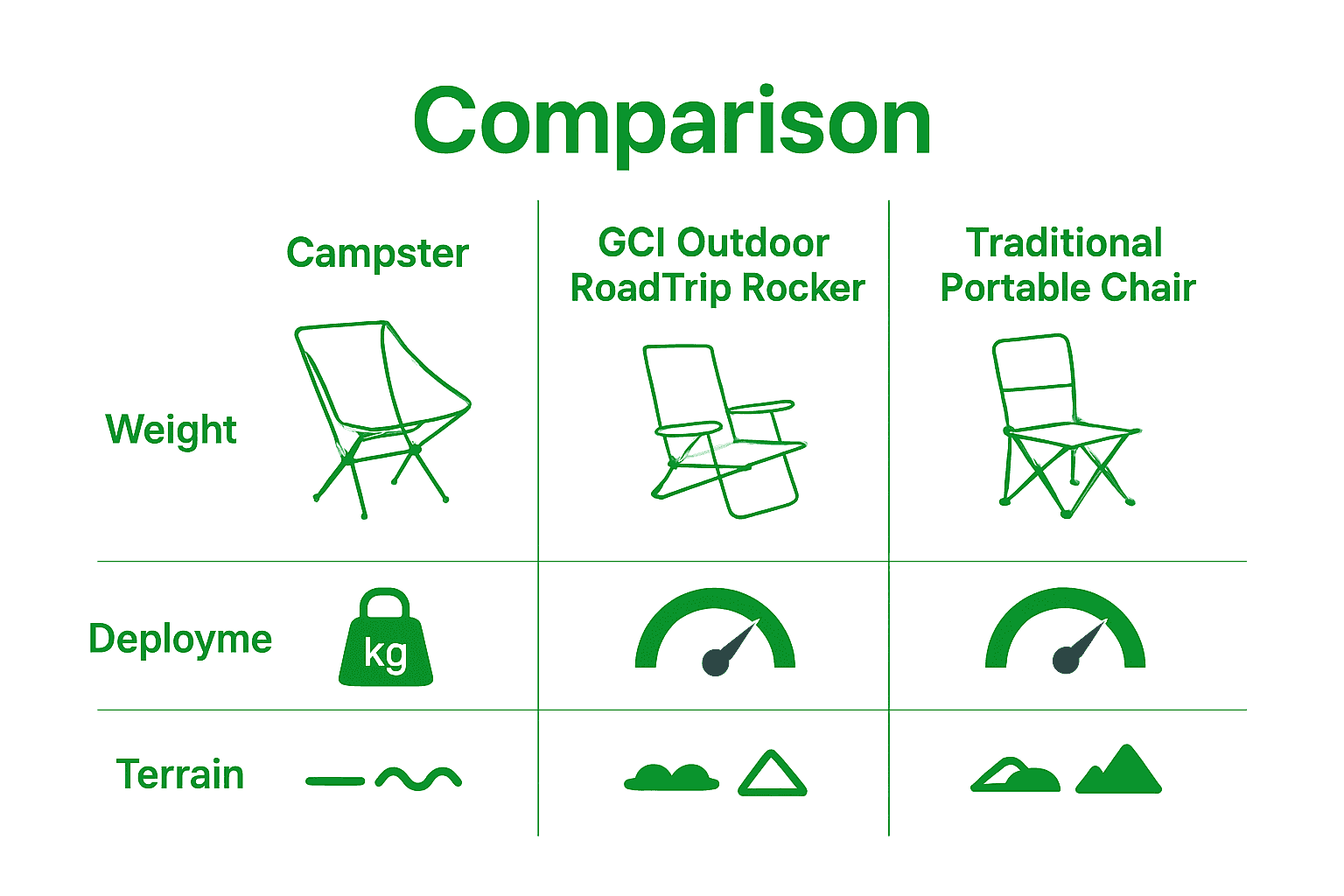 Infographic comparing Campster, RoadTrip Rocker, and standard portable chairs on weight, speed, and terrain use.