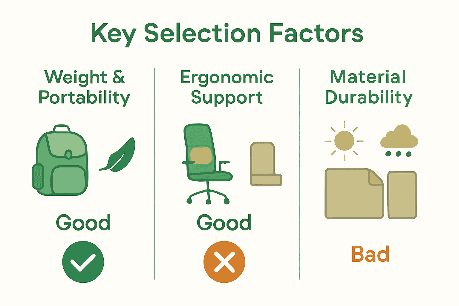 Infographic comparing outdoor chair weight, support, and material features.