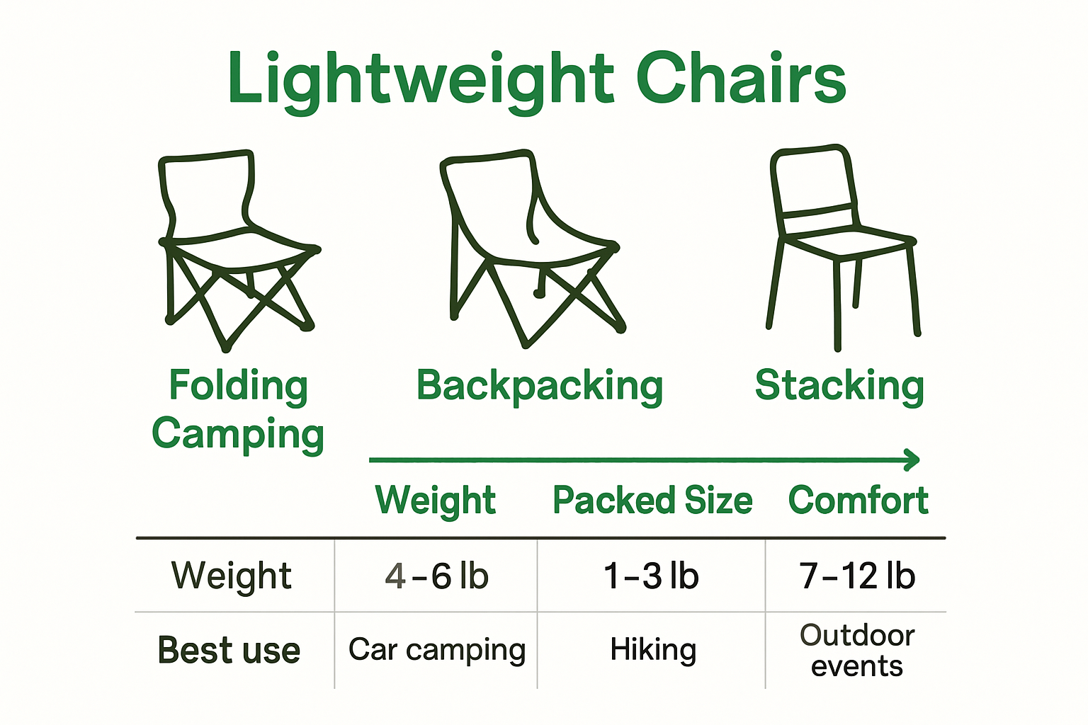 Infographic comparing three types of lightweight chairs by weight, size, and use