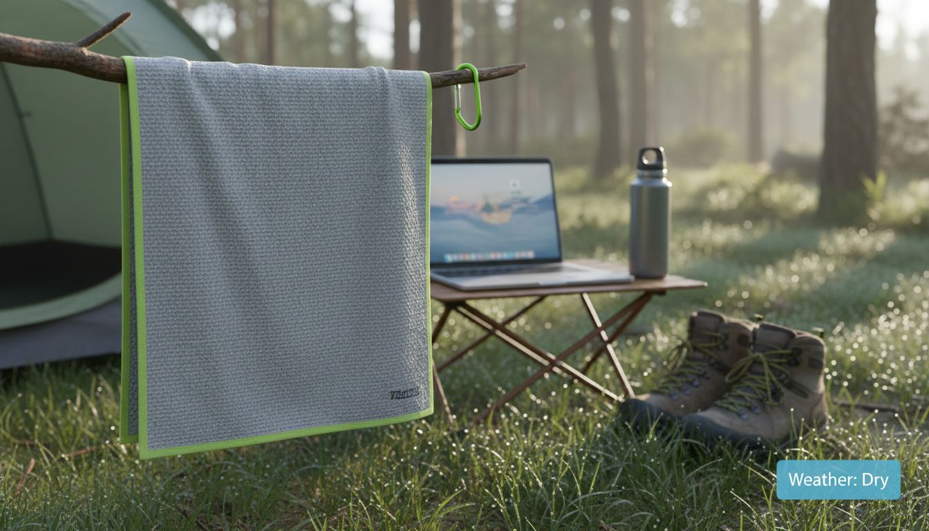 Quick-drying travel towel at forest campsite