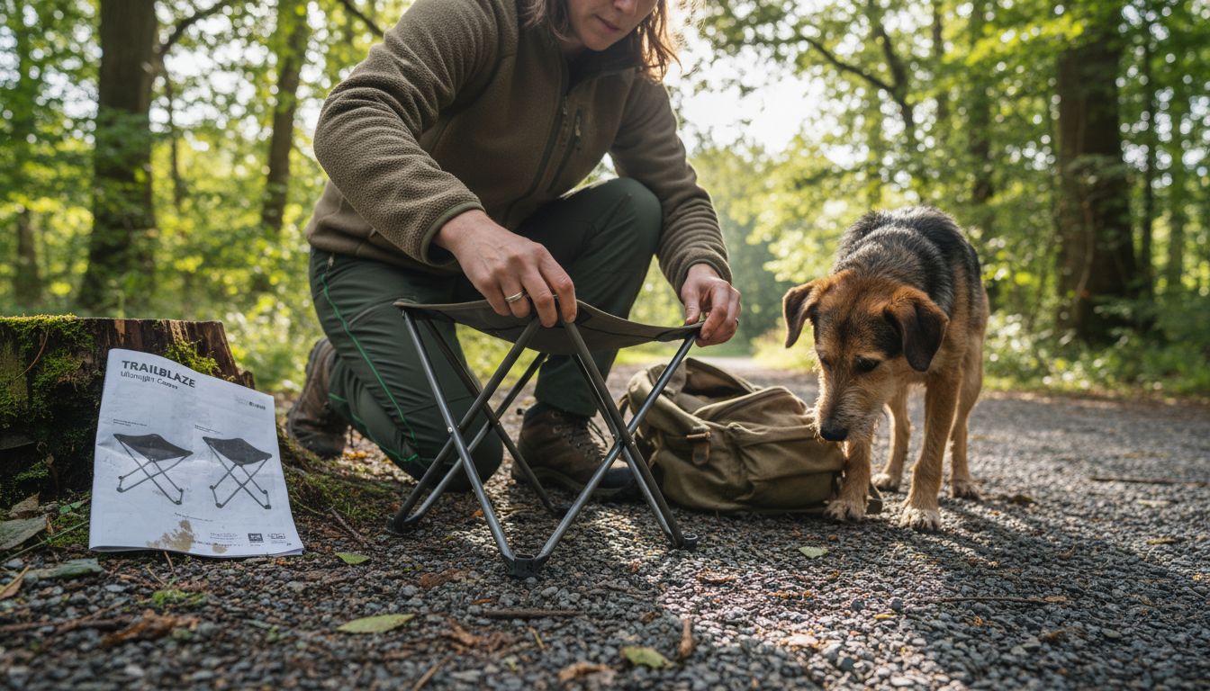 Woman assembling camp stool outdoors