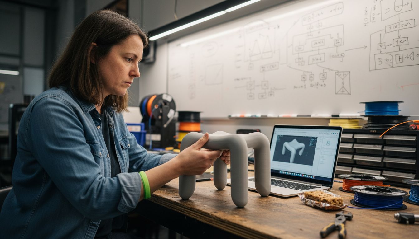 Woman inspecting 3D-printed stool in makerspace