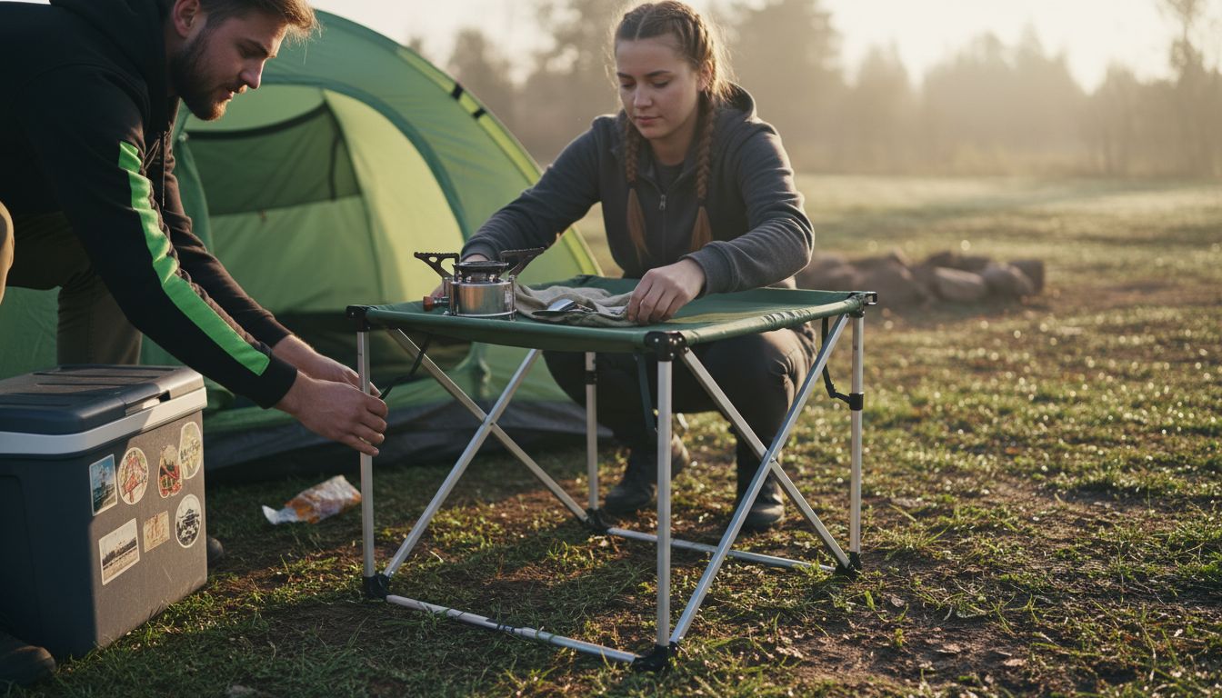 Campers putting together portable table by tent