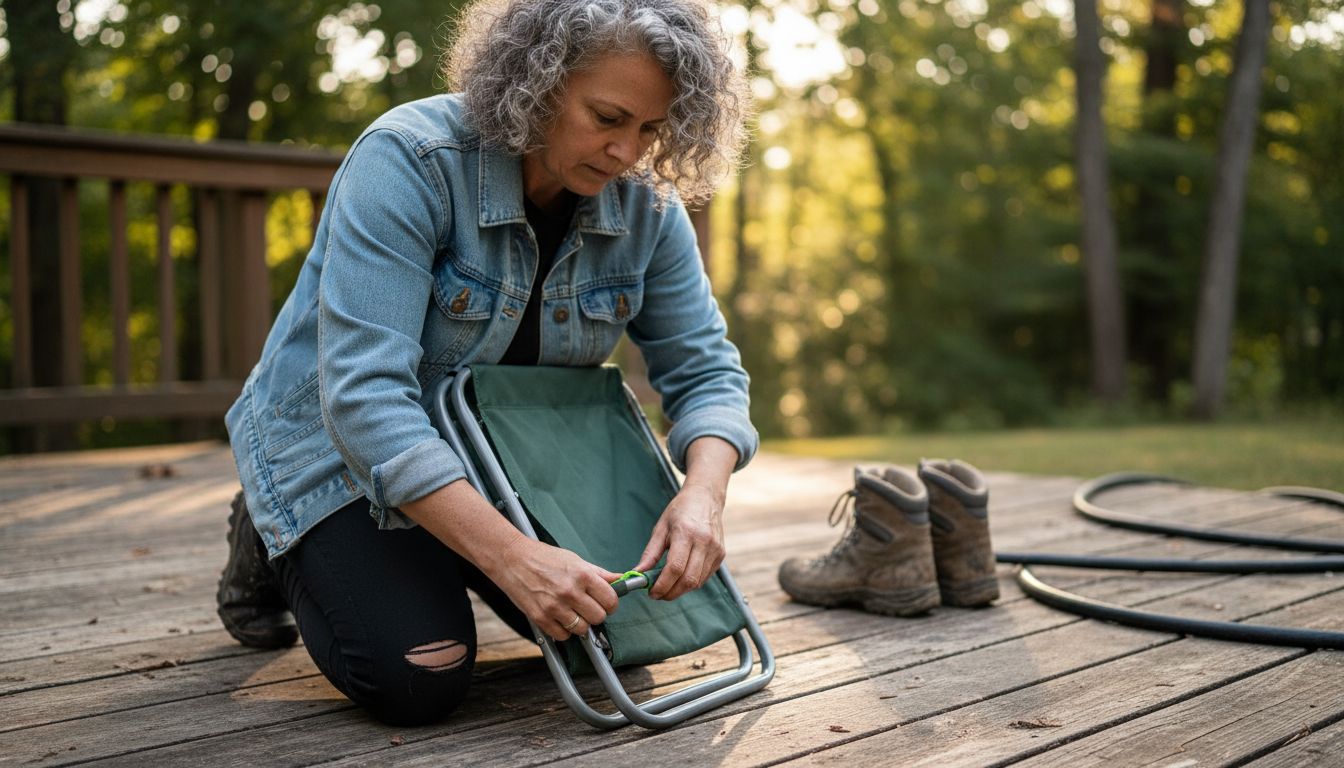 Woman folding camping chair on deck