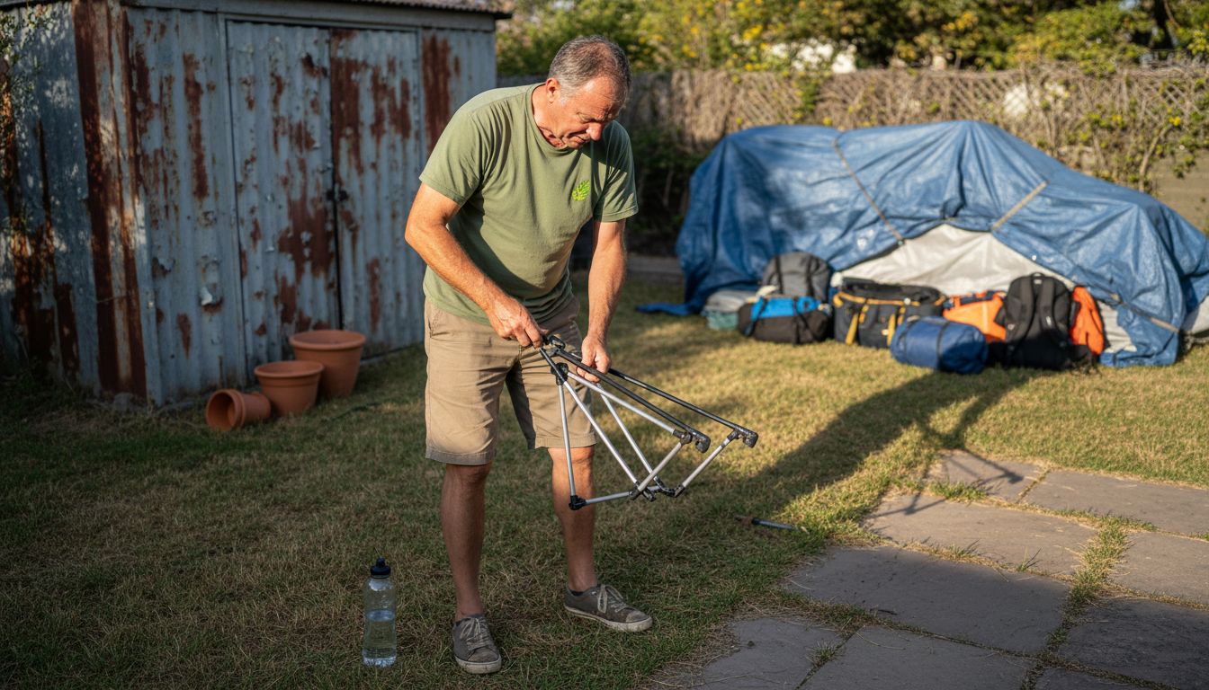Man assembling collapsible chair in yard