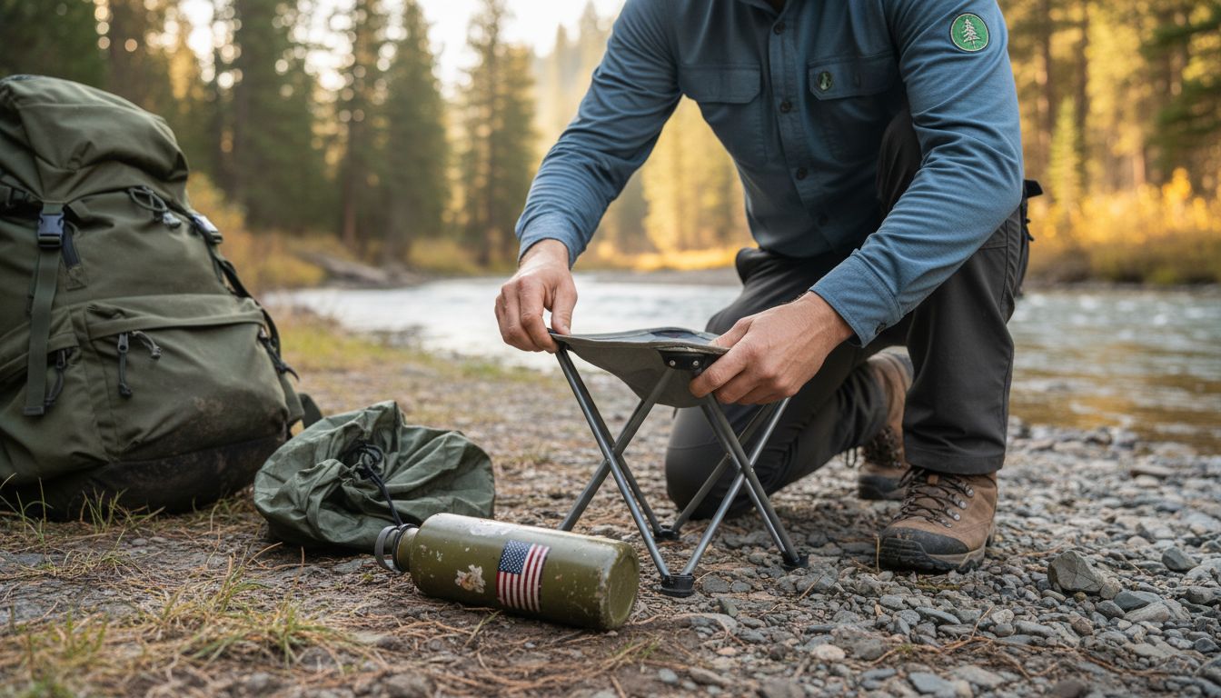 Hiker assembling packable chair by river
