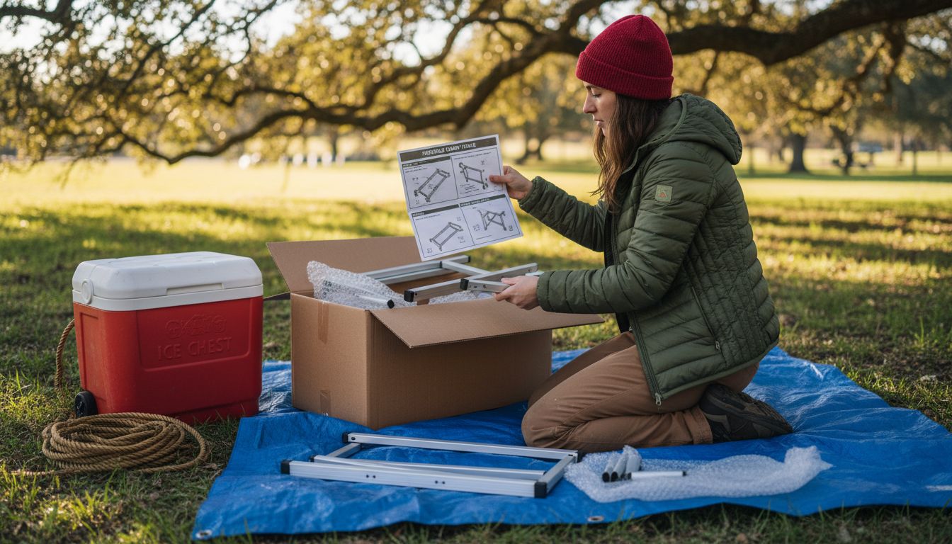 Unpacking folding table on outdoor tarp