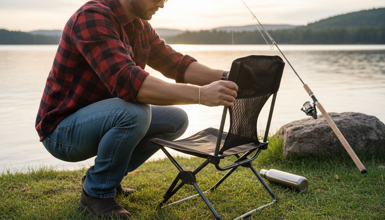 Man adjusting ergonomic portable chair lakeside